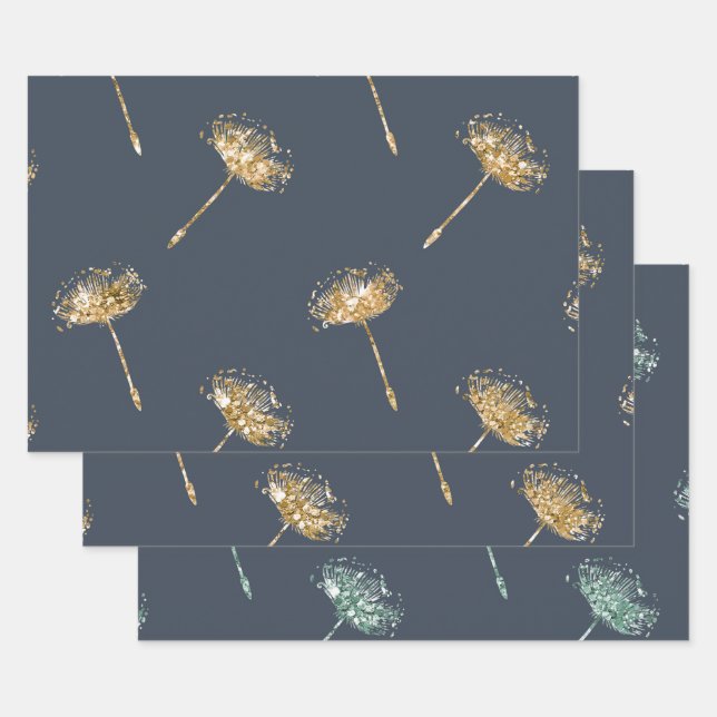 Navy Blue Gold Faux Glitter Dandelion Flowers Wrapping Paper Sheet (Set)
