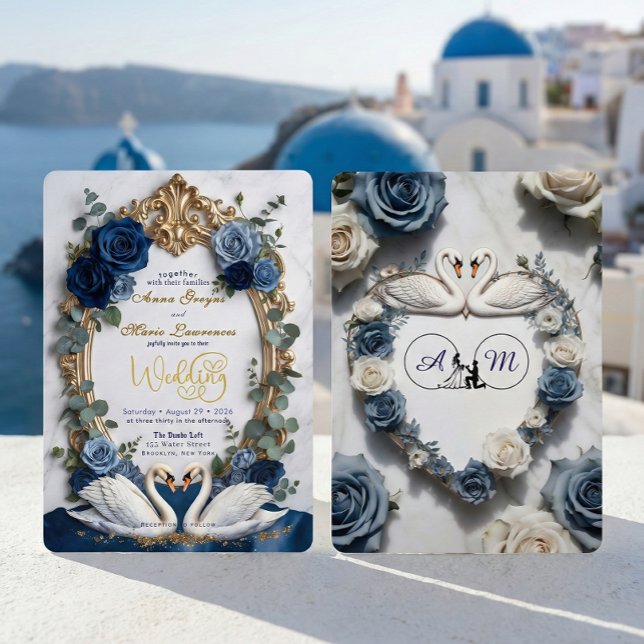 Navy Blue & Gold Faux Glitz Floral Formal Wedding Invitation (Creator Uploaded)