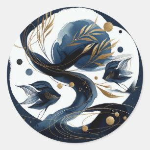 Navy Blue & Gold Fish Beach Wedding Classic Round Sticker