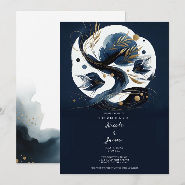Navy Blue & Gold Fish Beach Wedding Invitation (Front/Back)