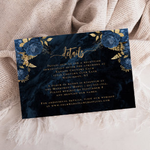 Navy Blue Gold Floral Agate Script Wedding Details Enclosure Card