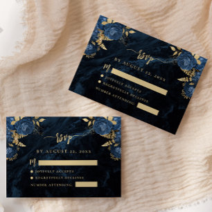 Navy Blue Gold Floral Agate Script Wedding RSVP Enclosure Card