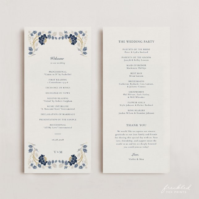 Navy Blue Gold Floral Art Nouveau Wedding Programme (Navy Blue and Gold Art Nouveau Wedding Program)