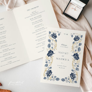 Navy Blue Gold Floral Art Nouveau Wedding Programme