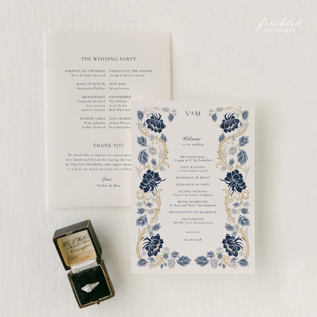 Navy Blue Gold Floral Art Nouveau Wedding Programme (Navy and Gold Floral Art Nouveau Wedding Program)