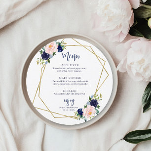 Navy Blue Gold Floral Bridal Shower Round Menu Invitation