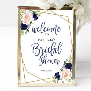 Navy Blue Gold Floral Bridal Shower Welcome Poster