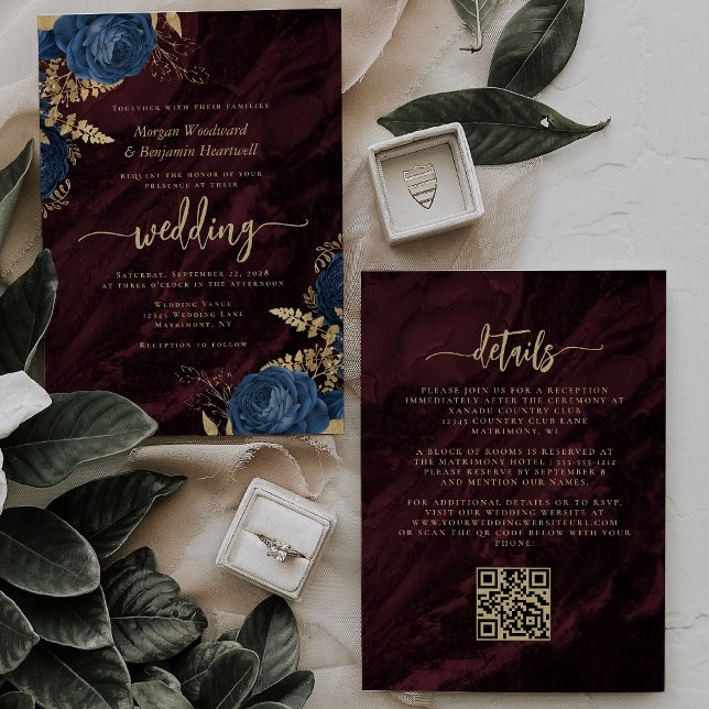Navy Blue Gold Floral Burgundy QR Code Wedding Invitation (Creator Uploaded)