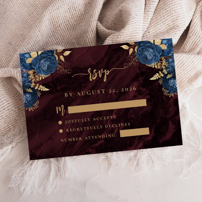 Navy Blue Gold Floral Burgundy Script Wedding RSVP Enclosure Card (Creator Uploaded)
