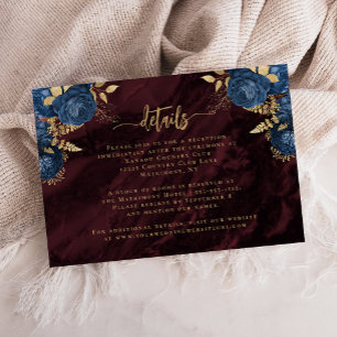 Navy Blue Gold Floral Burgundy Wedding Details Enclosure Card
