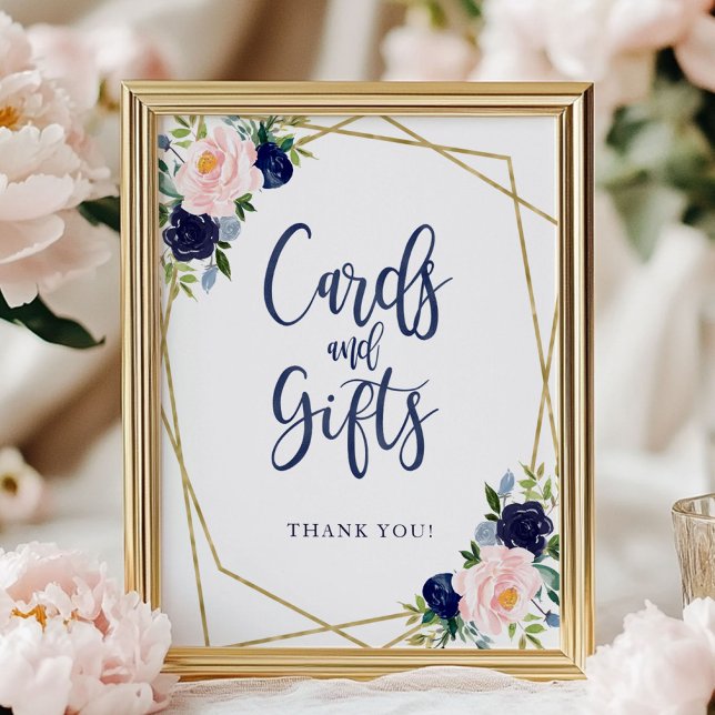Navy Blue Gold Floral Cards And Gifts Sign (Creator Uploaded)