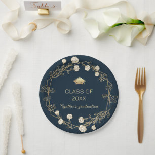 Navy Blue Gold Floral class graduation paper plate