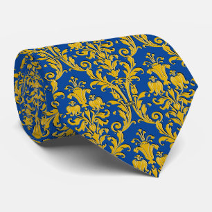 Navy Blue Gold Floral Damask Tie