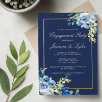 Navy Blue Gold Floral Elegant Engagement Party