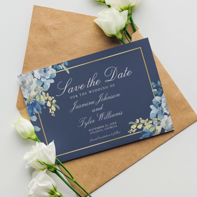 Navy Blue Gold Floral Elegant Evening Save The Date (Creator Uploaded)