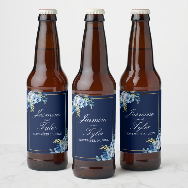 Navy Blue Gold Floral Elegant Evening Wedding Beer Bottle Label (Bottles)