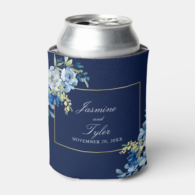 Navy Blue Gold Floral Elegant Evening Wedding Can Cooler (Can Front)