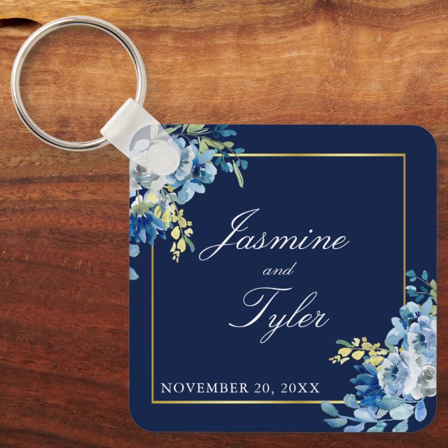 Navy Blue Gold Floral Elegant Evening Wedding Key Ring (Front)