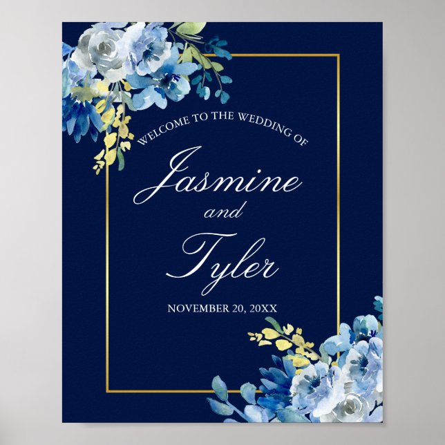 Navy Blue Gold Floral Elegant Evening Wedding Poster (Front)