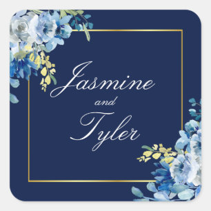 Navy Blue Gold Floral Elegant Evening Wedding Square Sticker