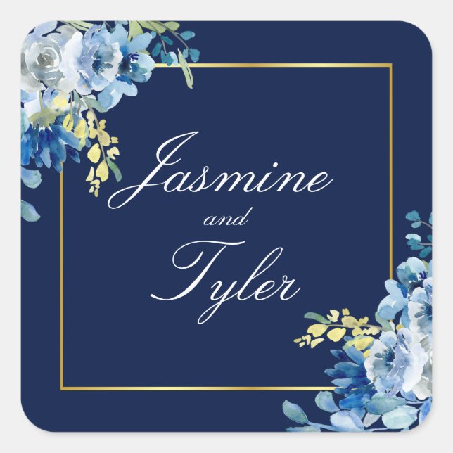 Navy Blue Gold Floral Elegant Evening Wedding Square Sticker (Front)