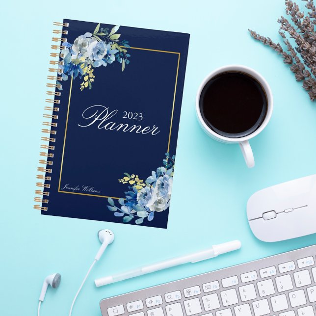 Navy Blue Gold Floral Elegant Personalised 2023 Planner (Creator Uploaded)