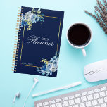 Navy Blue Gold Floral Elegant Personalised 2023 Planner<br><div class="desc">Elegant blue and white roses decorate this beautiful floral 2023 planner.. The chic faux gold foil frame is accented with pretty indigo watercolor flowers and a lovely light yellow botanical sprig. Your name is written in classic white cursive script within the rectangle border.</div>