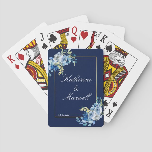 Navy Blue Gold Floral Elegant Personalised Wedding Playing Cards (Back)