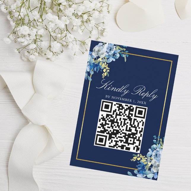 Navy Blue Gold Floral Elegant Qr Code Wedding RSVP Card (Creator Uploaded)