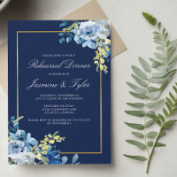 Navy Blue Gold Floral Elegant Rehearsal Dinner
