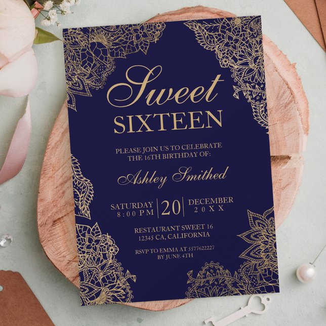 Navy blue gold floral elegant Sweet sixteen Invitation (Creator Uploaded)