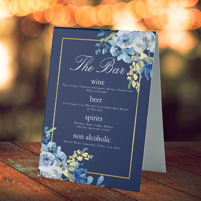 Navy Blue Gold Floral Elegant Wedding Bar Menu (Creator Uploaded)