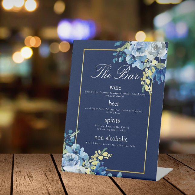 Navy Blue Gold Floral Elegant Wedding Bar Menu Pedestal Sign (Creator Uploaded)