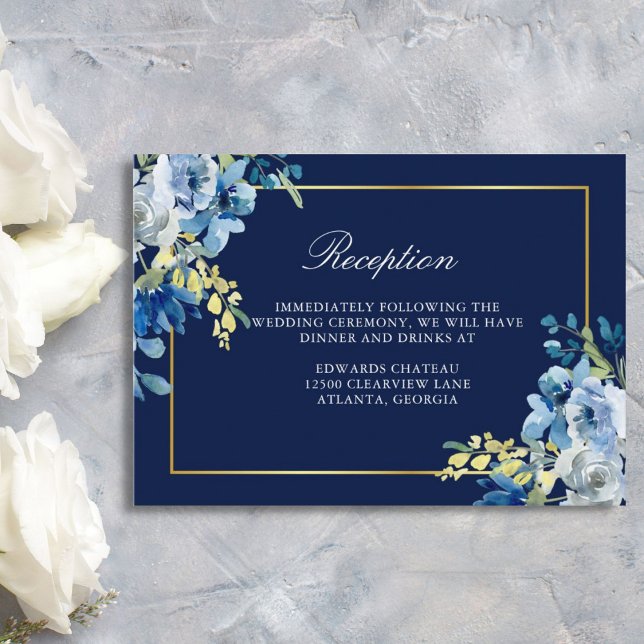 Navy Blue Gold Floral Elegant Wedding Reception Enclosure Card (Creator Uploaded)