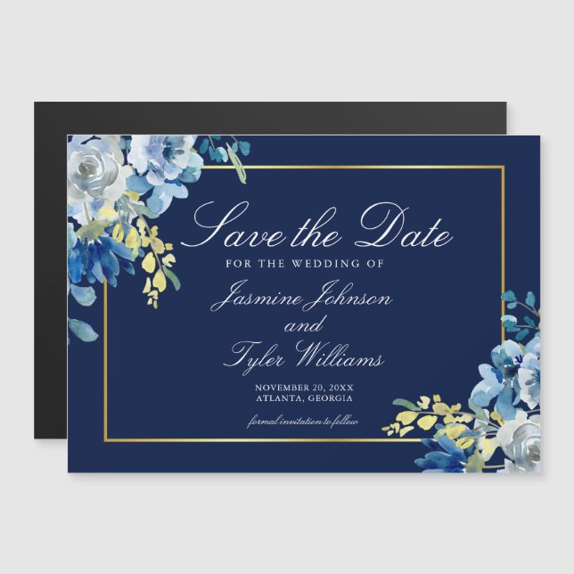 Navy Blue Gold Floral Elegant Winter Save the Date Magnetic Invitation (Front/Back)