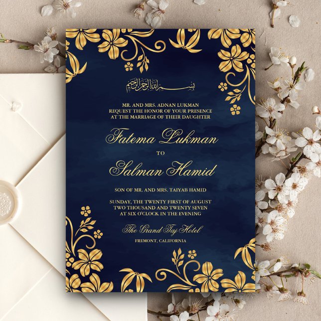 Navy Blue Gold Floral Islamic Muslim Wedding Invitation (Creator Uploaded)