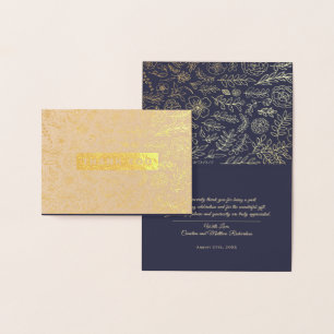 Navy Blue Gold Floral Luxury Thank You Wedding Foil Card