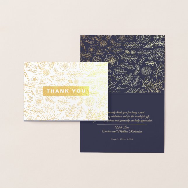 Navy Blue Gold Floral Luxury Thank You Wedding  Foil Card (Display)