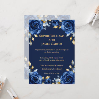 Navy Blue & Gold Floral Luxury Wedding Invitation
