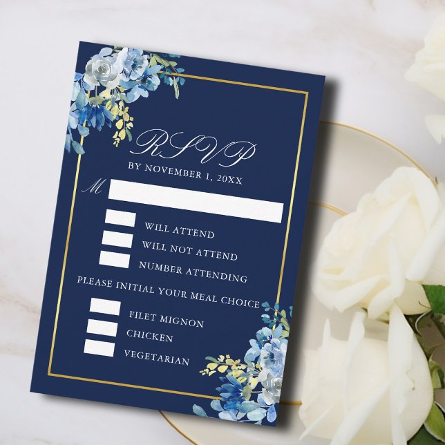 Navy Blue Gold Floral Meal Choice Elegant Wedding RSVP Card (Creator Uploaded)