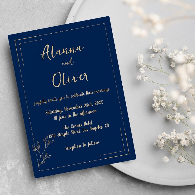 Navy blue gold floral minimalist Wedding Invitation (Navy blue gold floral minimalist Wedding)