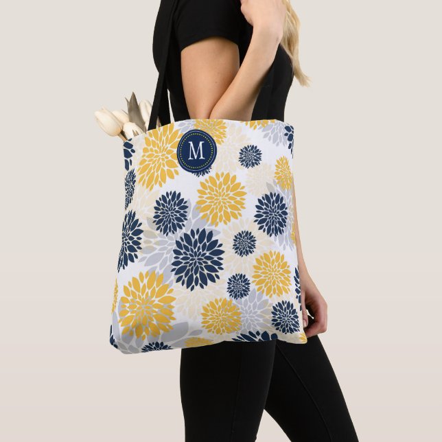 Navy Blue Gold Floral Monogram Tote Bag (Close Up)