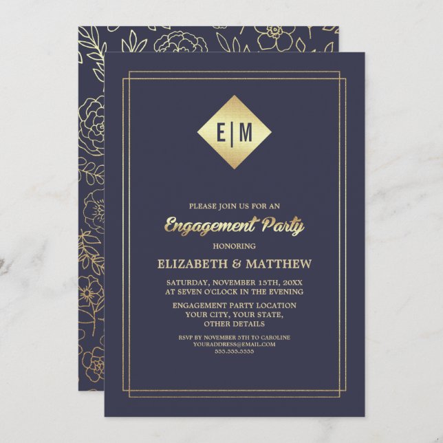 Navy Blue | Gold Floral Pattern Engagement Party  Invitation (Front/Back)