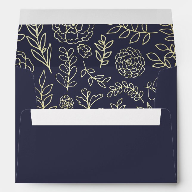 Navy Blue | Gold Floral Pattern Wedding  Envelopes (Back (Bottom))