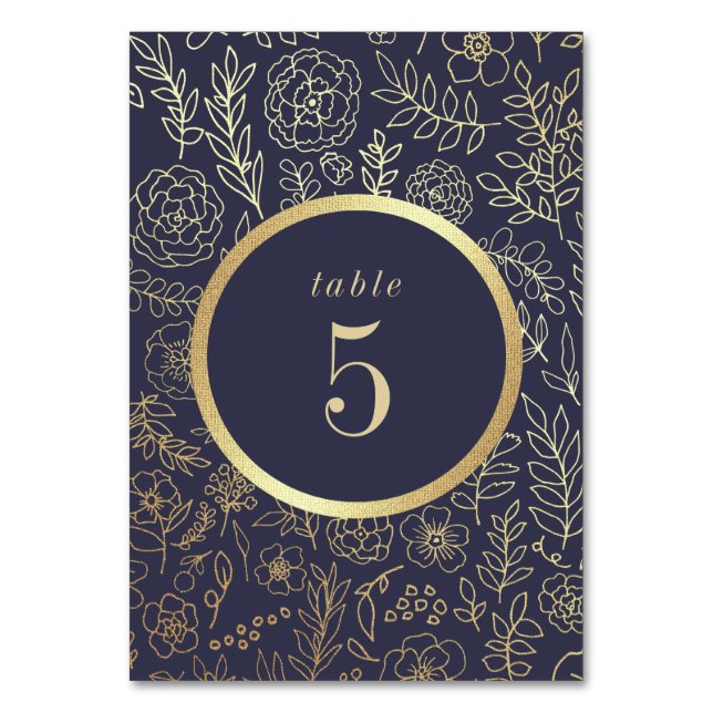 Navy Blue, Gold Floral Pattern Wedding Table Number (Back)