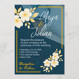 Navy Blue Gold Floral Photo Wedding Invitation