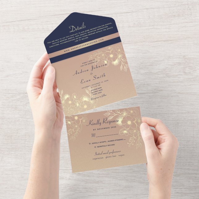 Navy Blue & Gold Floral Photo Wedding Invite (Tearaway)