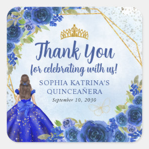 Navy Blue Gold Floral Princess Crown Thank You Square Sticker