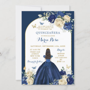 Navy Blue Gold Floral Princess Quinceañera Invitation
