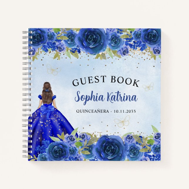 Navy Blue Gold Floral Princess Quinceañera Notebook (Front)